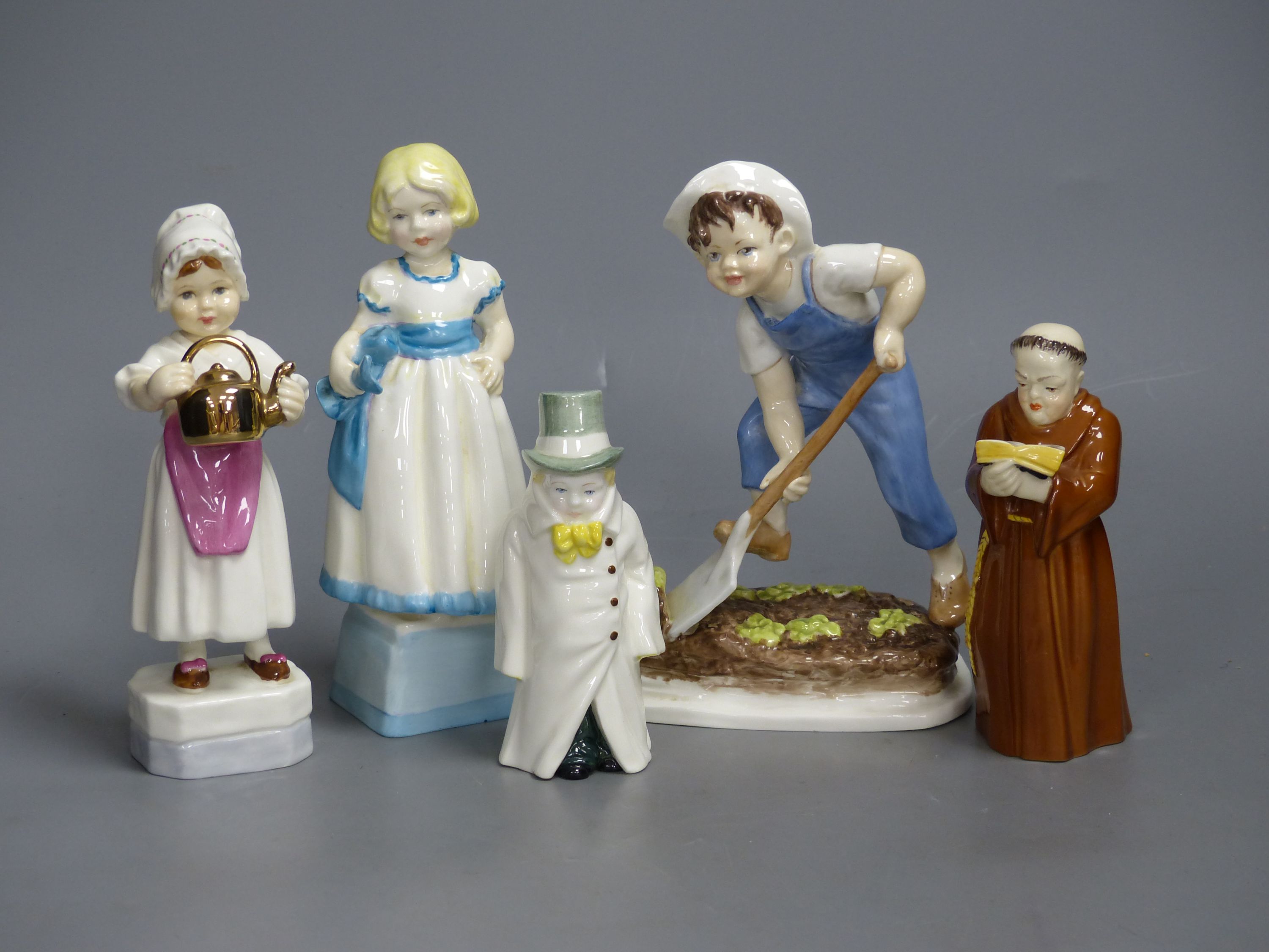 Three Royal Worcester figures, 'Saturday's Child', 'Monday's Child' and 'Polly Put the Kettle On' and two candle snuffers